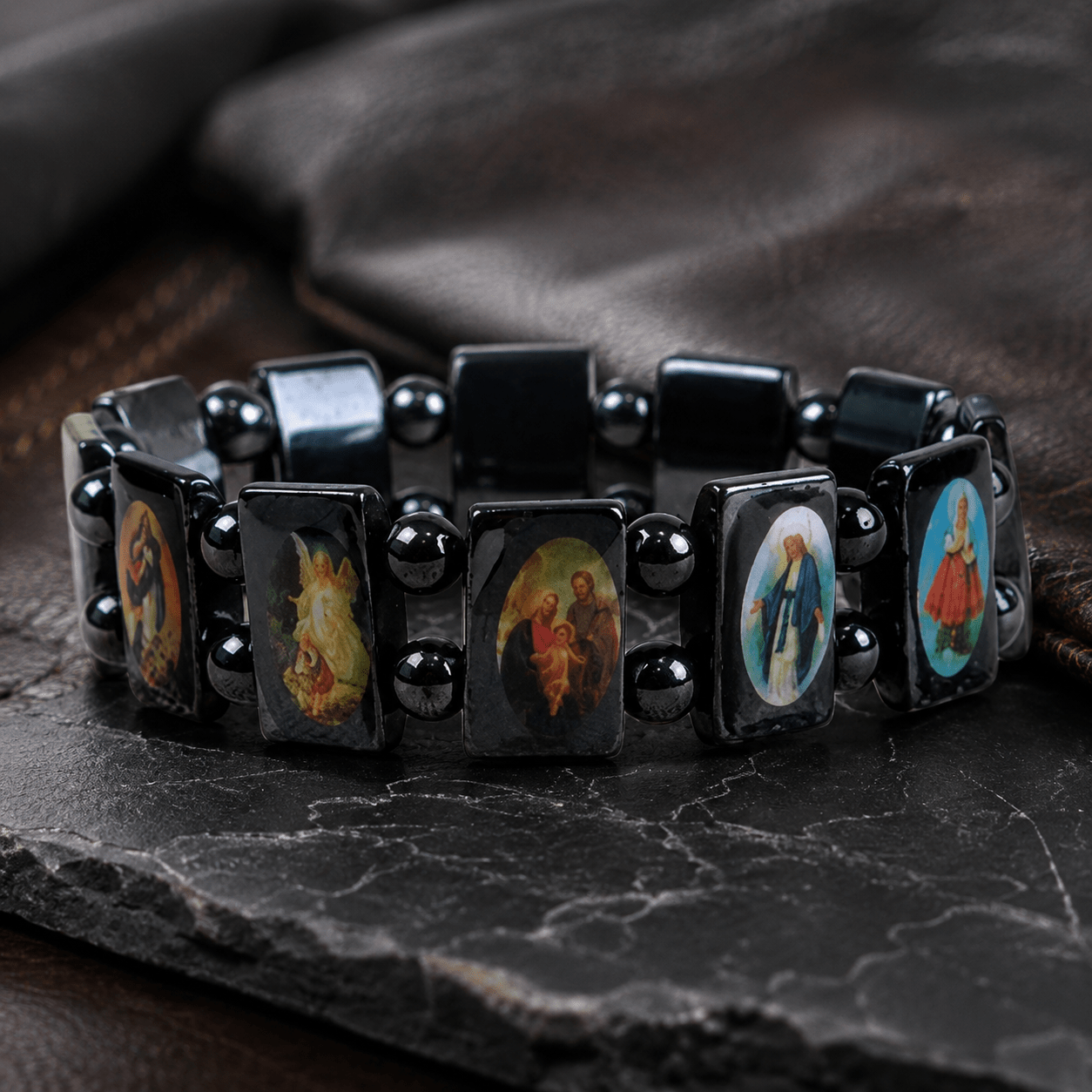 Unisex Natural Hematite Saint Icon Vintage Beaded Bracelet